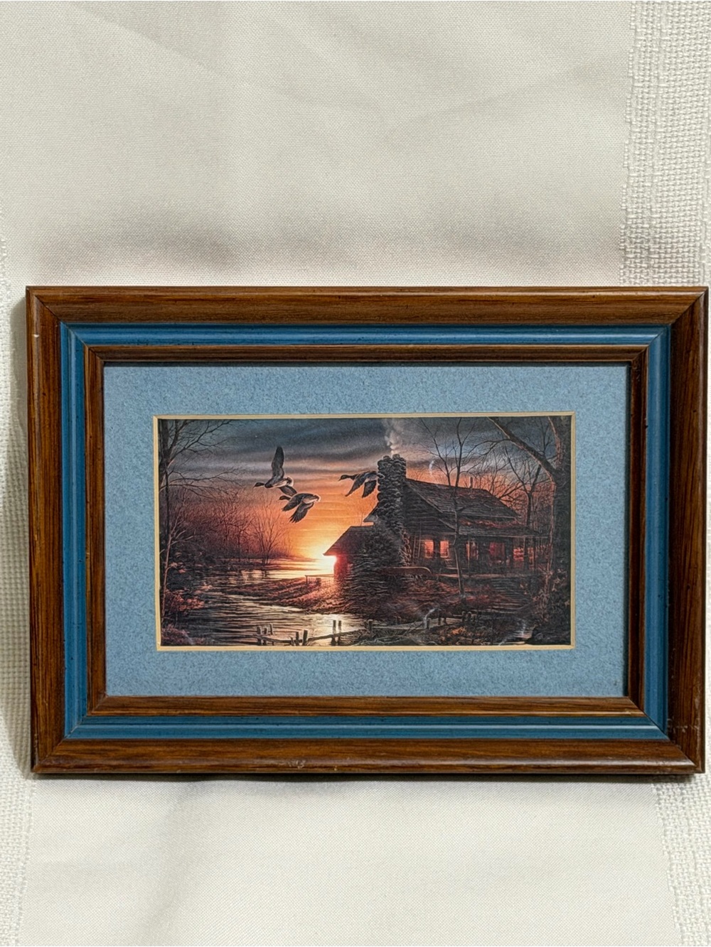 TERRY REDLIN FRAMED & MATTED PRINT “Golden Retreat” 5 x 7” Log Cabin Sunset Lake